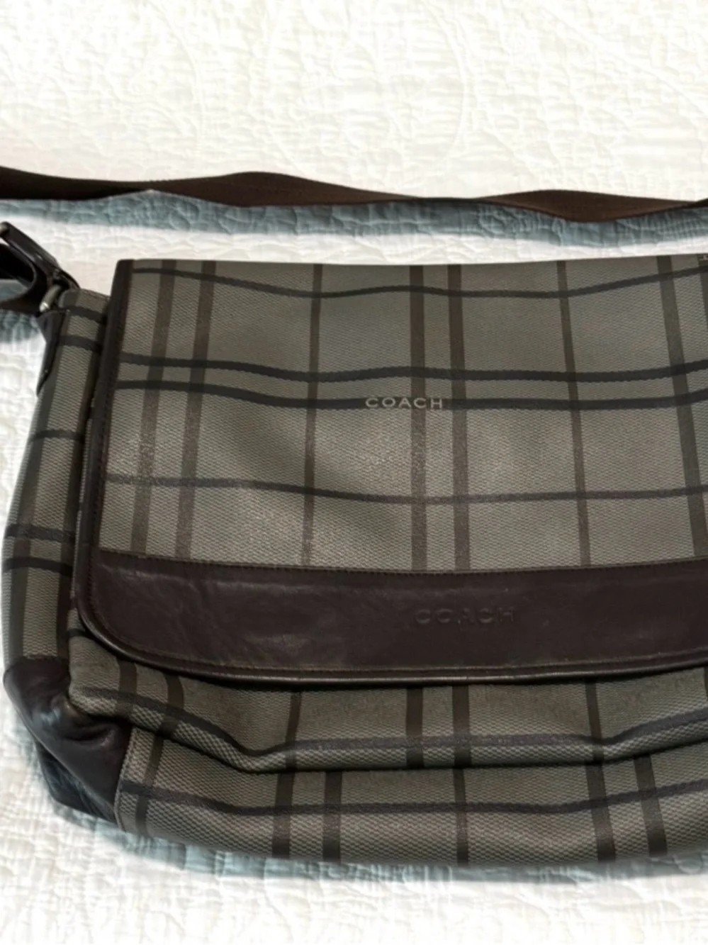 Coach Men's Plaid Messenger Bag in Gray with Dark Brown Trim
